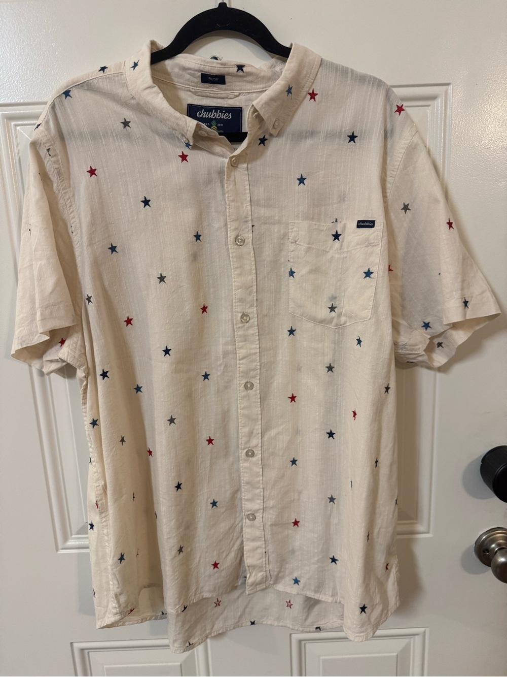 Men's Cream American Patriotic Star-Print Short Sleeve Button-Up Shirt - Picture 3 of 6